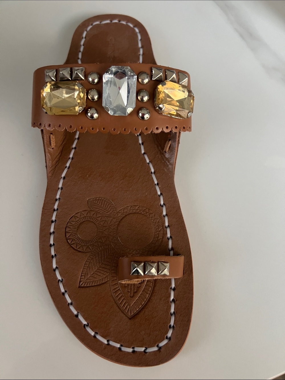 B#103-Jewel-Embellished Brown Toe-Ring Sandals